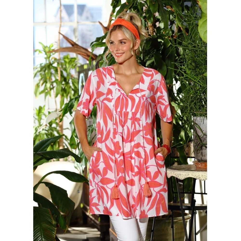 KikiSol Women's Medium White Dot Orange Pink Floral Tassel Tunic Dress Dress NEW